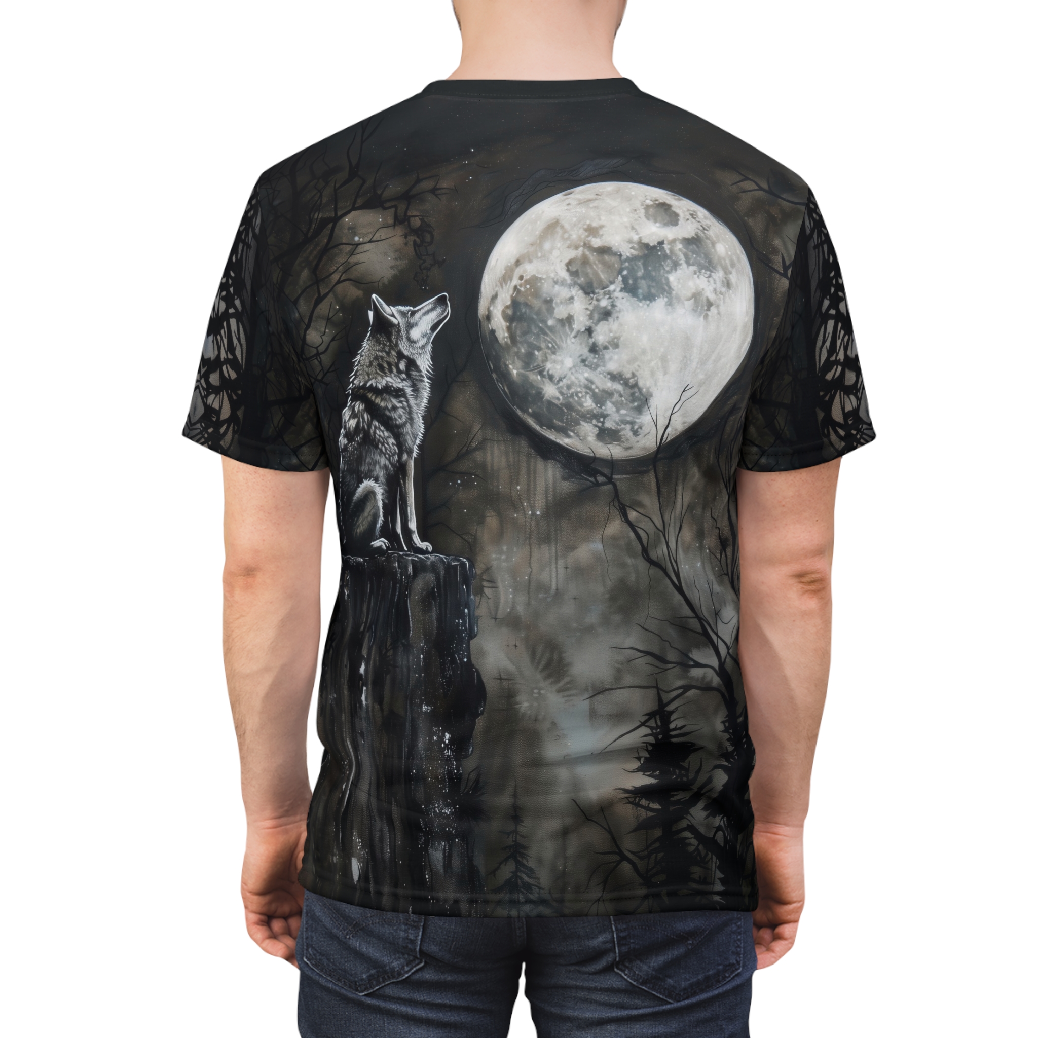 Dark grays and blacks depict a wolf howling at a large, textured moon, set against a forest of bare trees and scattered stars.