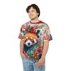 Vibrant red, orange, and green floral patterns cover this oversized full print tee, featuring a detailed portrait of a red panda adorned with flowers.