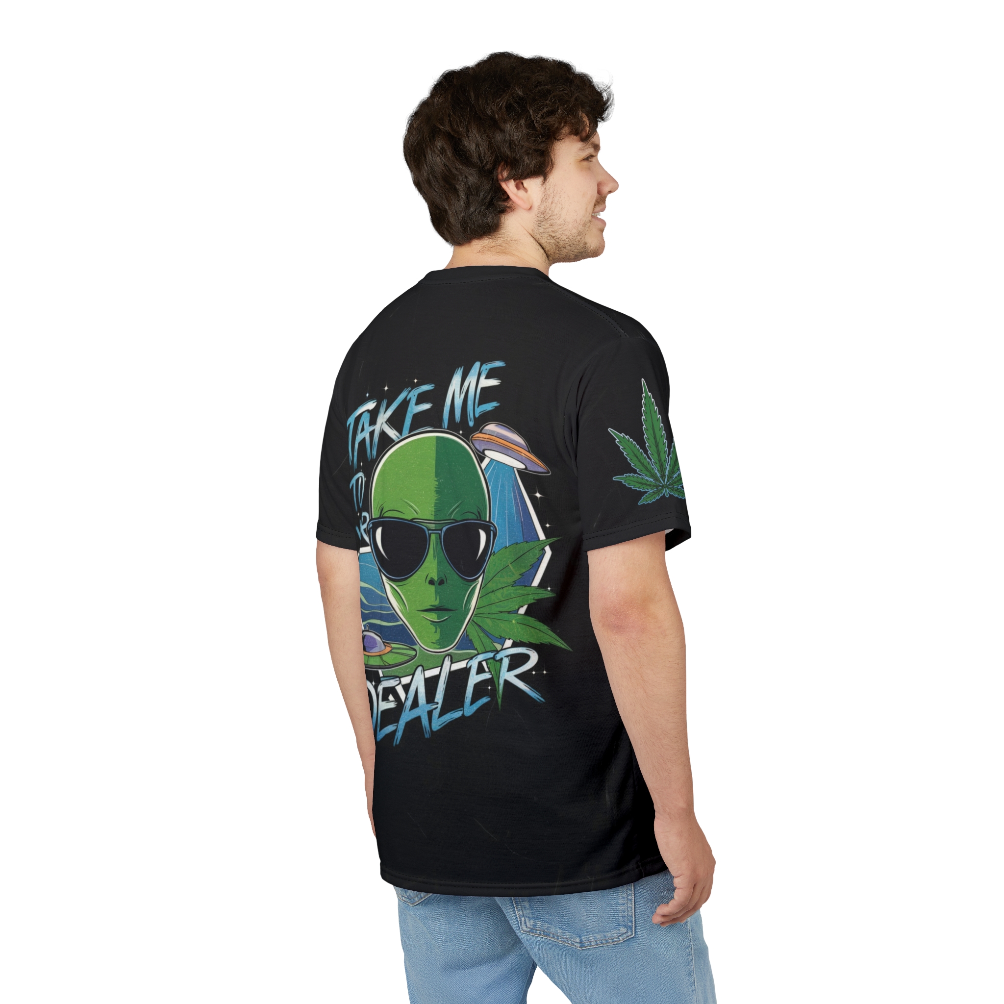 Black fabric features a green alien with sunglasses, UFOs, and cannabis leaves.