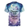 Purple, blue, and white clouds and stars cover this 3D graphic t-shirt, with a crescent moon, a purple owl on a branch, and the text 