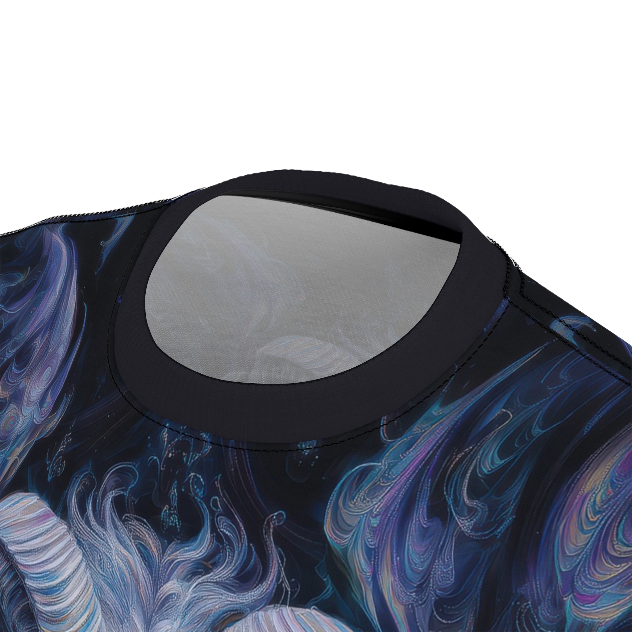 Swirling blues, purples, and whites cover this graphic streetwear tee, depicting abstract demonic wings and ethereal wisps.