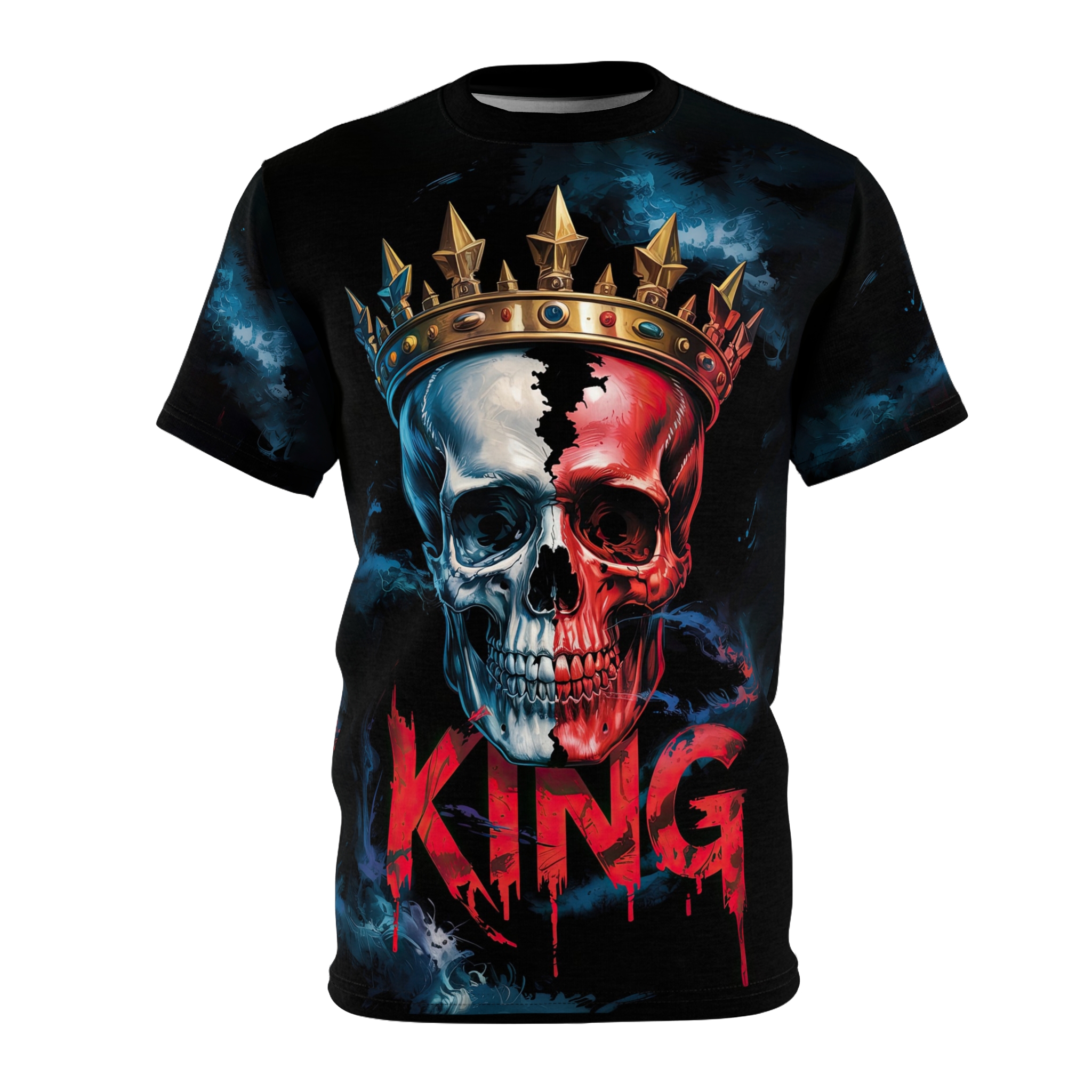 Red and white skull with a gold crown and dripping red letters spell out "KING" on a black tee with blue smoke accents.