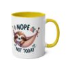 White ceramic mug with a yellow interior and handle. Features a sleepy sloth in a pink hammock with 
