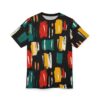 Bold red, yellow, teal, orange, and white abstract brushstrokes cover this patterned tee shirt, creating a dynamic, modern look on a black background.