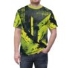 Bold lime green and black abstract geometric shapes and splatters cover this all over print t-shirt, with sharp lines and a gritty texture.