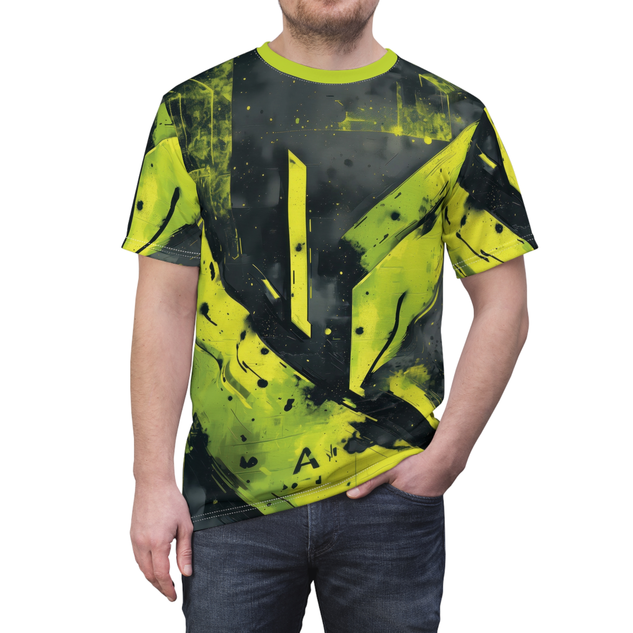 Bold lime green and black abstract geometric shapes and splatters cover this all over print t-shirt, with sharp lines and a gritty texture.
