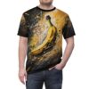 Yellow banana print t-shirt showcasing dynamic black and yellow paint splatters in an abstract design.