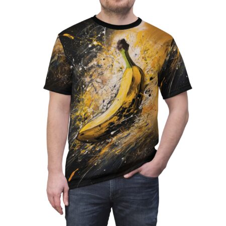 Yellow banana print t-shirt showcasing dynamic black and yellow paint splatters in an abstract design.
