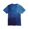 Deep and light blue brush strokes cover this patterned tee shirt, with a textured, painted effect throughout.