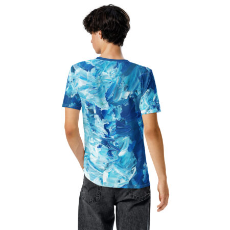 All over print sublimation tee with a dynamic abstract blue and white brushstroke pattern, seamless wrap around graphic design.