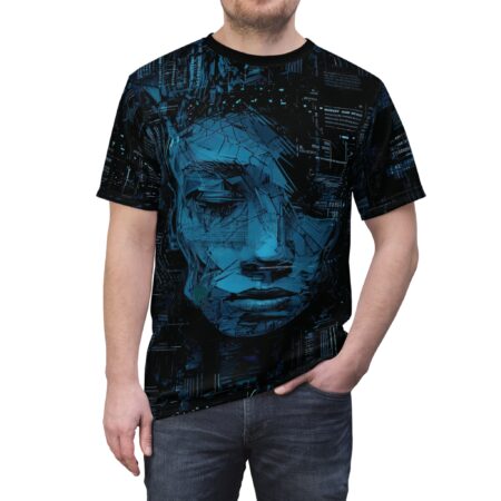Black crewneck t-shirt with an abstract, fragmented blue face graphic and circuit board patterns across the entire garment.
