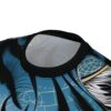 Abstract blue graphic t-shirt with black elements and white wavy lines, featuring a geometric pattern.
