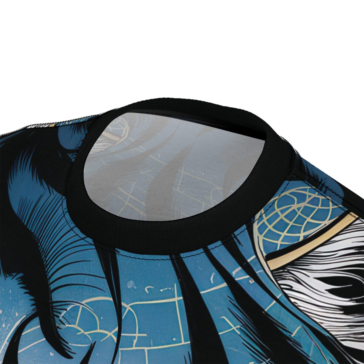 Abstract blue graphic t-shirt with black elements and white wavy lines, featuring a geometric pattern.