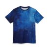 Deep blues and lighter shades of azure with thick, textured brushstrokes create an abstract ocean-like design across this full print shirt.