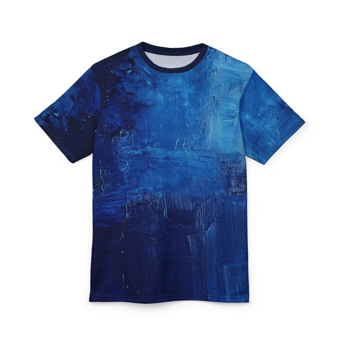 Deep blues and lighter shades of azure with thick, textured brushstrokes create an abstract ocean-like design across this full print shirt.