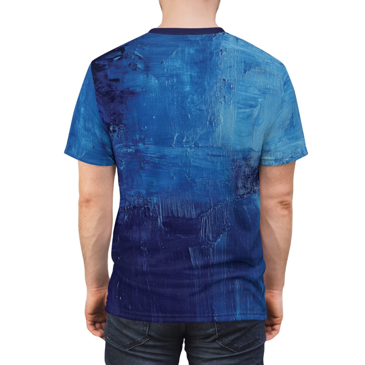 Deep blues and lighter cerulean strokes cover this graphic streetwear tee, showing thick, textured paint strokes.