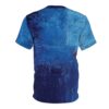 Deep blues and lighter cerulean brushstrokes cover this sublimation graphic tee, with a textured, abstract painterly design.