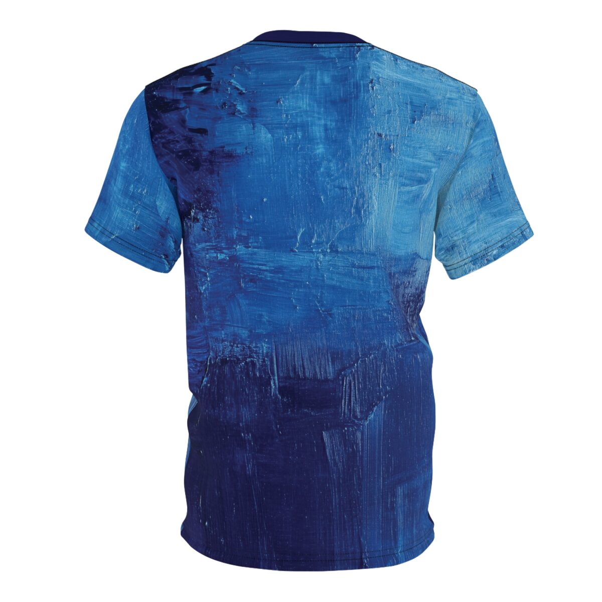 Deep blues and lighter cerulean brushstrokes cover this sublimation graphic tee, with a textured, abstract painterly design.
