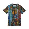 Bold blues, earthy browns, and vibrant yellows with intricate patterns and a striking dog portrait cover this graphic streetwear tee.