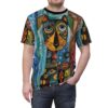 Bold blues, warm oranges, and vibrant greens cover this sublimation graphic tee, depicting a stylized dog's face and abstract patterns.