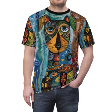 Bold blues, warm oranges, and vibrant greens cover this sublimation graphic tee, depicting a stylized dog's face and abstract patterns.