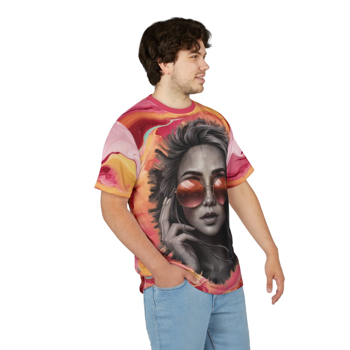 Swirls of pink, orange, and yellow cover this all over print t-shirt, featuring a black and white portrait of a woman wearing sunglasses.