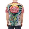 Vibrant red poppies and lush green leaves on a background of abstract geometric shapes and colorful stripes cover this graphic streetwear tee.