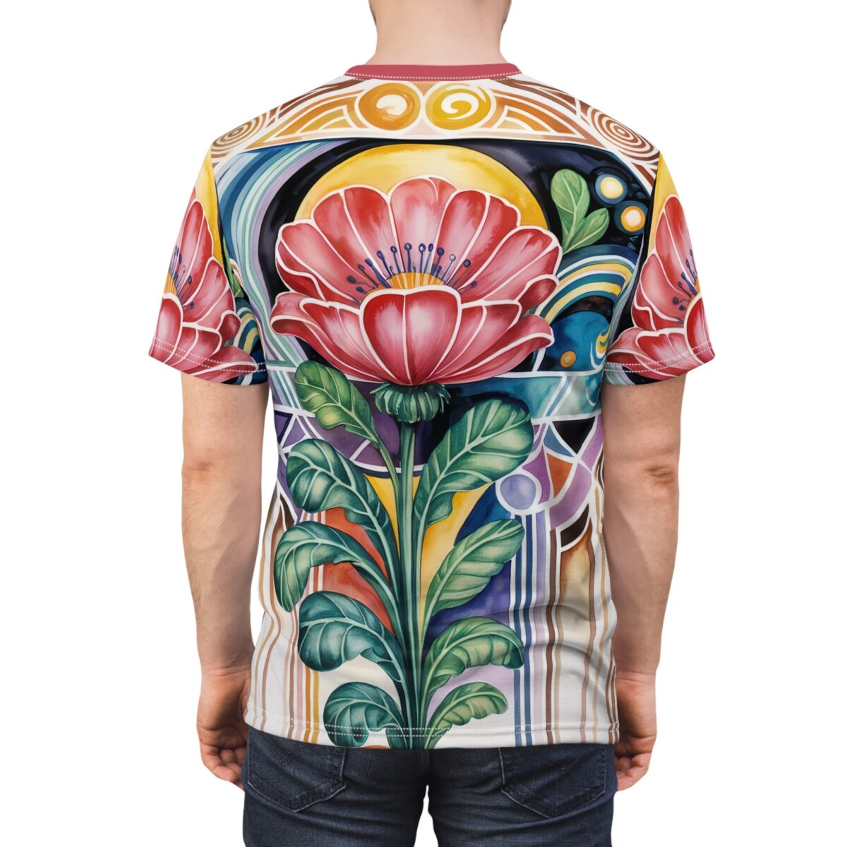Vibrant red poppies and lush green leaves on a background of abstract geometric shapes and colorful stripes cover this graphic streetwear tee.