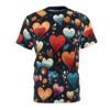 Red, orange, yellow, white, and blue hearts with floral accents cover this all over print t-shirt, with small leaves and floral elements scattered throughout.