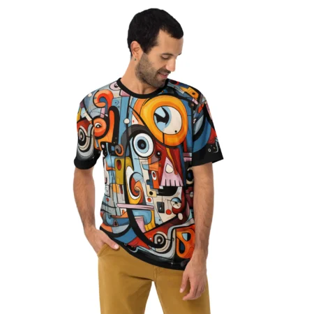 Vibrant blues, oranges, reds, and yellows form an intricate, cubist-inspired pattern with swirling lines and geometric shapes across this shirt.