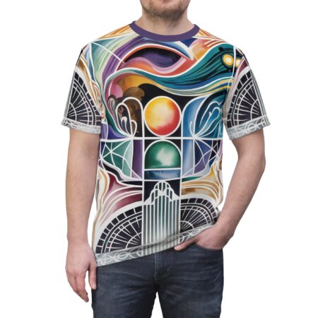 Vibrant blues, purples, yellows, and reds form abstract shapes and geometric patterns across this graphic streetwear tee, with elements resembling stained glass and flowing lines.