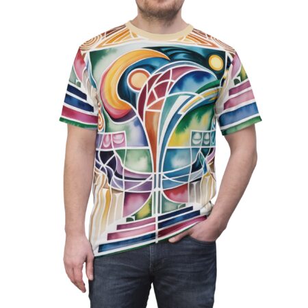 Abstract geometric all over print sublimation tee showcases vibrant watercolors, bold lines, and shapes in a psychedelic pattern.
