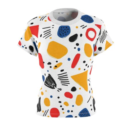 White crewneck t-shirt, seamless print, retro abstract geometric shapes, red, blue, yellow, black elements, full-bleed design, soft lines, dots.