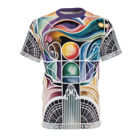 All over print sublimation tee featuring a vibrant abstract geometric pattern with Art Deco architectural elements and flowing colorful lines.