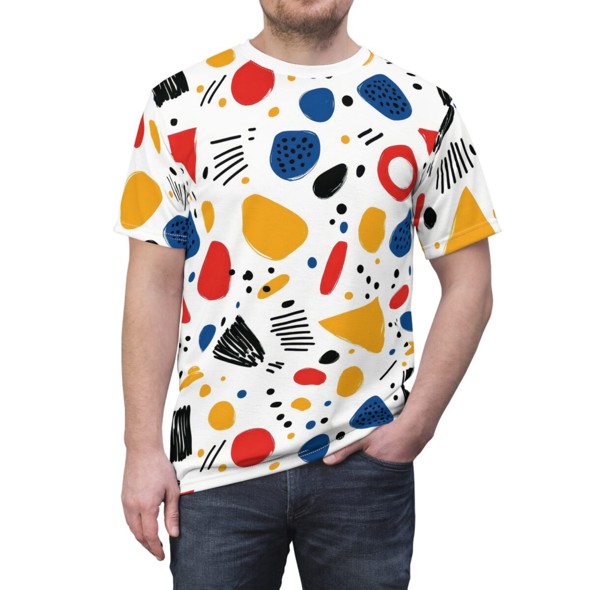 White crewneck t-shirt covered in a vibrant abstract pattern of red, blue, and yellow shapes with black accents.