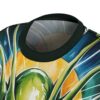 Abstract sublimation tee with green, orange, and blue watercolor-style plant graphics and white stripes.