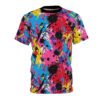 Bold splashes of pink, yellow, blue, purple, and red with black and white splatters cover this full print shirt, creating an abstract, energetic design.