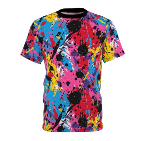 Bold splashes of pink, yellow, blue, purple, and red with black and white splatters cover this full print shirt, creating an abstract, energetic design.