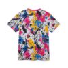 White crewneck t-shirt covered in a vibrant abstract paint splatter pattern featuring pink, blue, yellow, and black details.