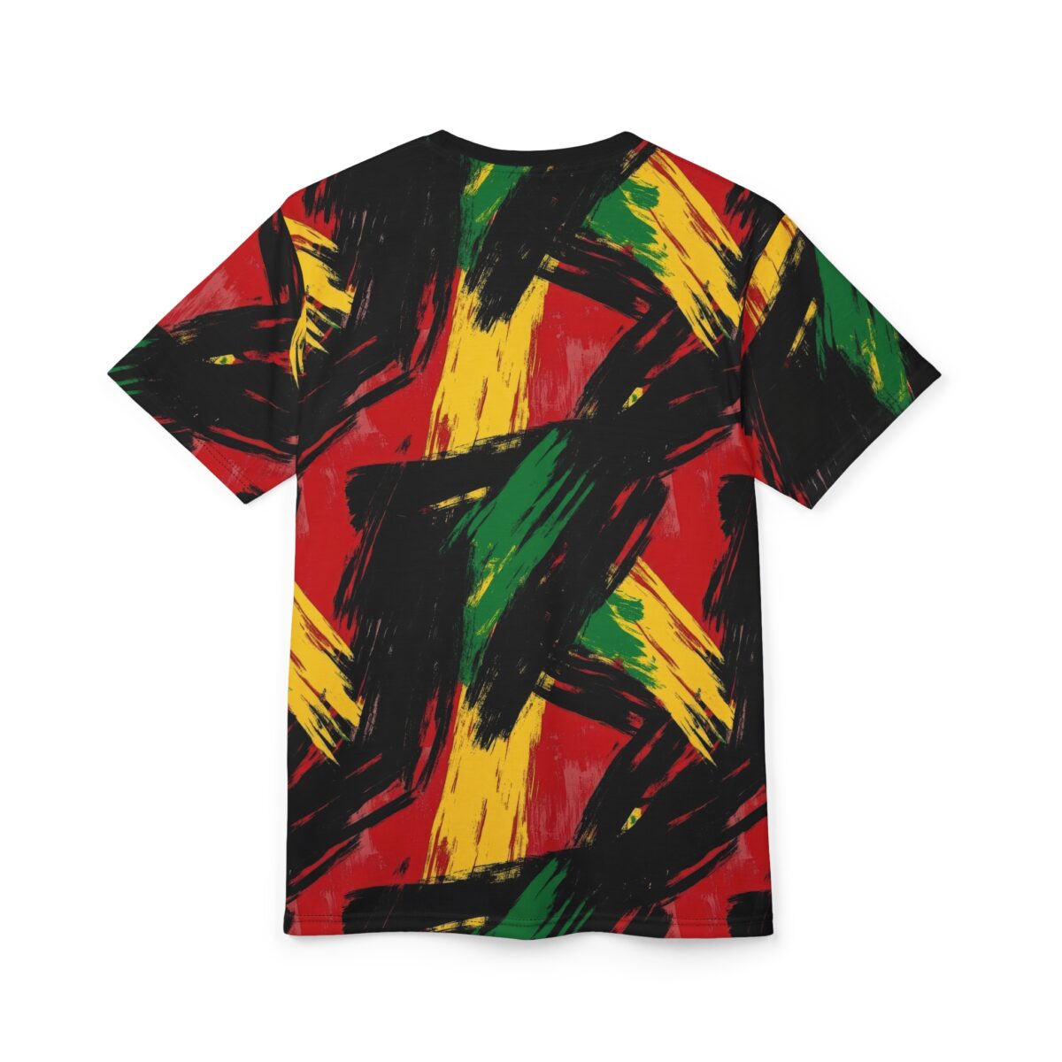 Crewneck t-shirt featuring a bold abstract pattern of red, yellow, green, and black brush strokes across the entire garment.