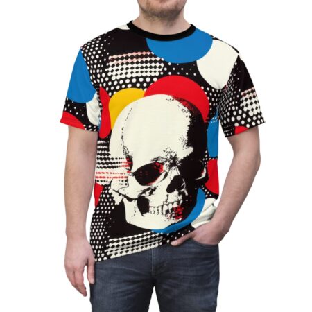 This all over print t-shirt features a vibrant retro pattern with a striking skull graphic and colorful circles.