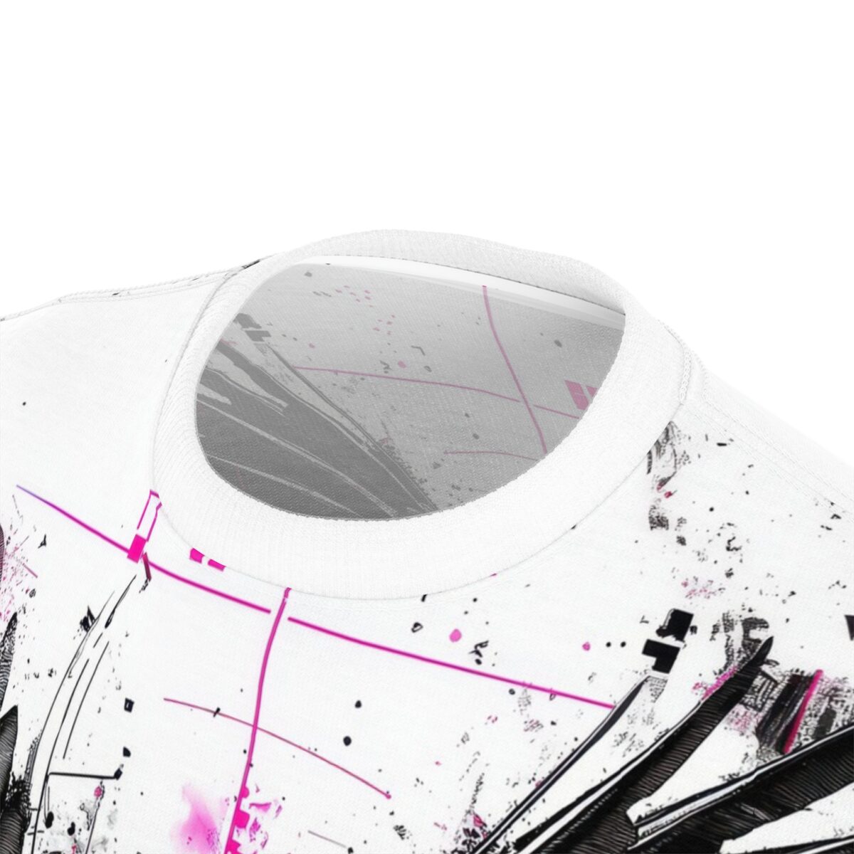 White fabric with black ink splatters, thin pink lines, and abstract black graphic elements depicting fragmented shapes.