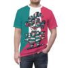 All over print crewneck t-shirt, teal, white, fuchsia vertical stripe background, abstract striped character graphic, seamless sublimation print.