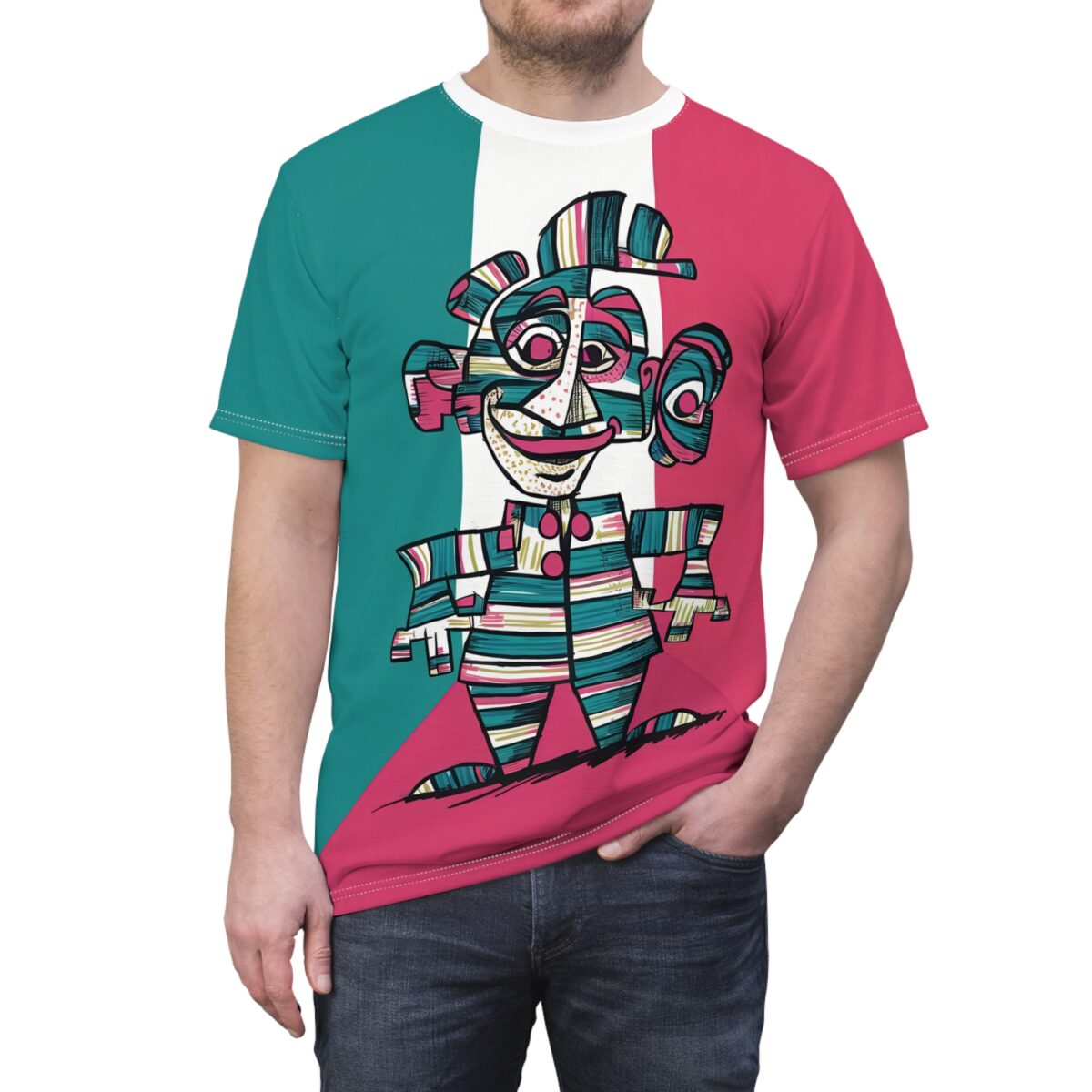 All over print crewneck t-shirt, teal, white, fuchsia vertical stripe background, abstract striped character graphic, seamless sublimation print.