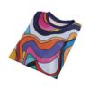 Bold wavy lines of pink, orange, purple, teal, and yellow cover this seamless pattern tee, with black outlines defining the abstract shapes.