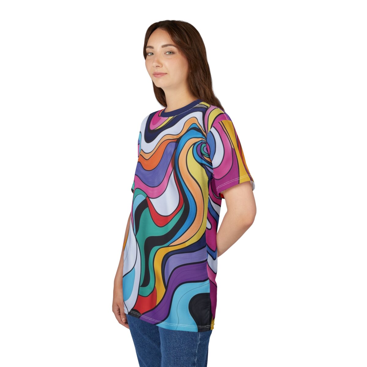 Swirls of pink, orange, yellow, blue, and purple cover this sublimation graphic tee, featuring bold, wavy lines.