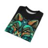 Vibrant teal, orange, and gold geometric patterns cover this 3D graphic t-shirt, depicting a stylized wolf's face with piercing green eyes.