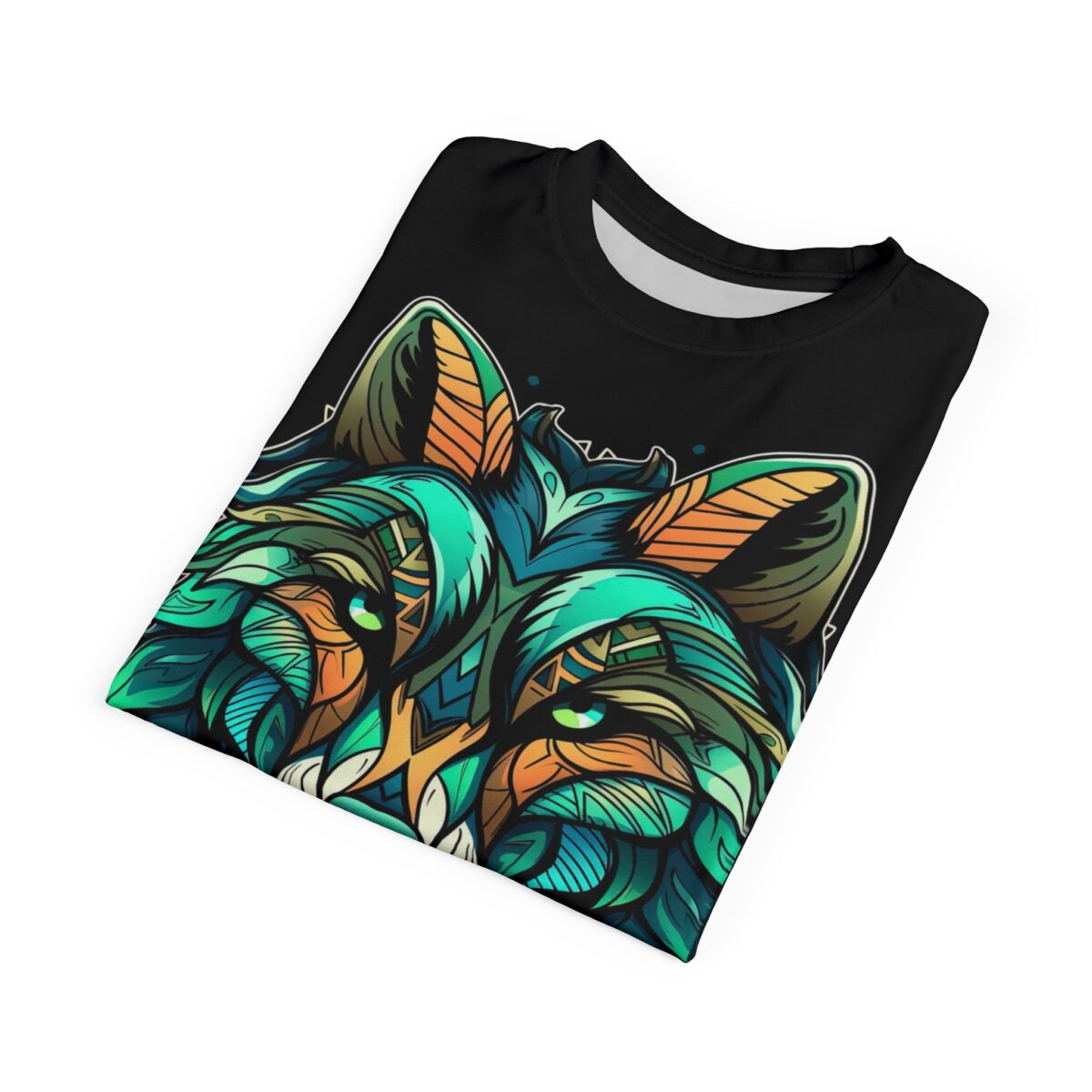 Vibrant teal, orange, and gold geometric patterns cover this 3D graphic t-shirt, depicting a stylized wolf's face with piercing green eyes.