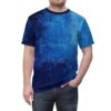 Deep blue, electric blue, and lighter blue brushstrokes cover this all over print apparel, featuring a textured, abstract painting design.