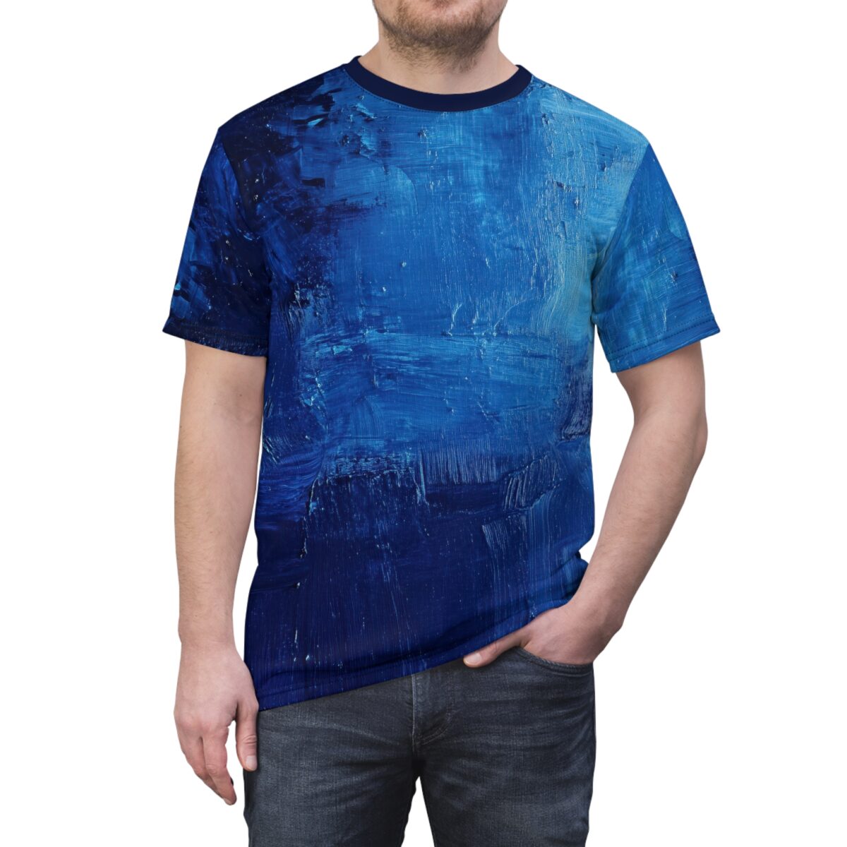 Deep blue, electric blue, and lighter blue brushstrokes cover this all over print apparel, featuring a textured, abstract painting design.